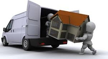 Animated movers loading a house into a moving van